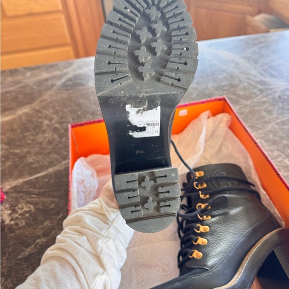 Tory Burch brand Black and Gold Heeled Boots with Chunky Heel - Picture 6 of 11